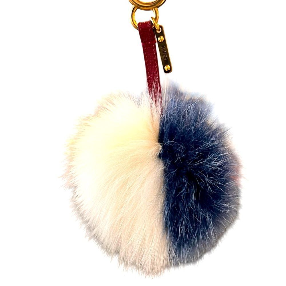 Authentic Fendi Pom Pom Fur Bag Charm /Key Ring White Navy